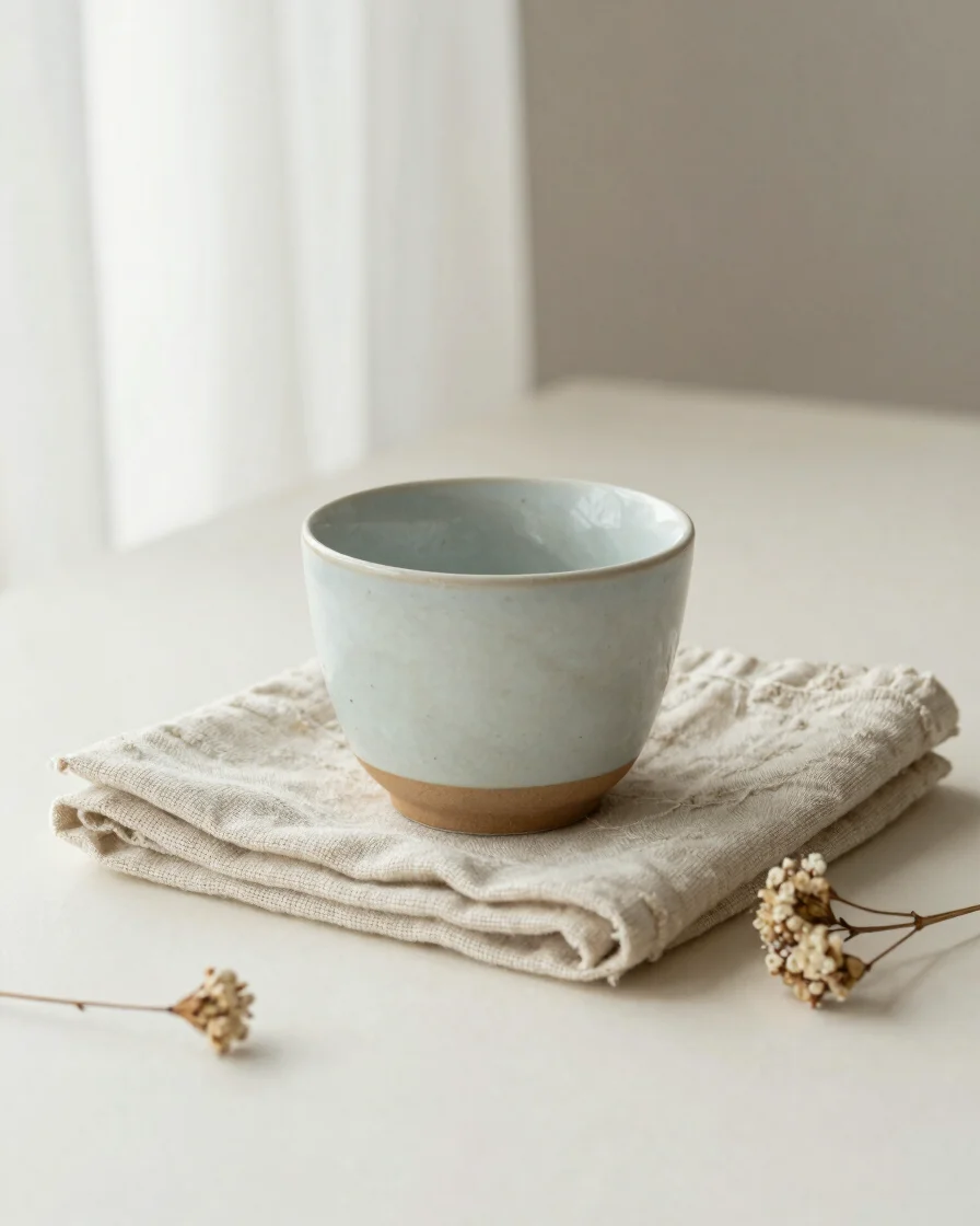 Soft editorial still life of a ceramic cup, folded linen, and a sprig of dried flowers on a pale cream surface, diffused
